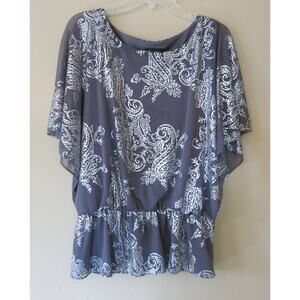 S LEVINE Sparkly Silver Top Lined Bat Sleeve Size L**  Black Gray Party Club